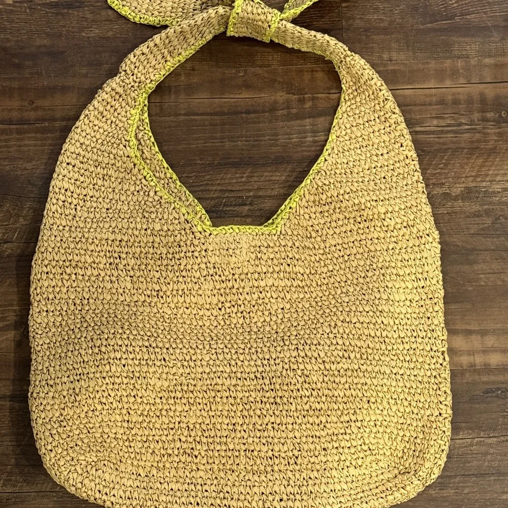 Woven Tan Tote with bright lime green Pouch - Picture 2 of 3